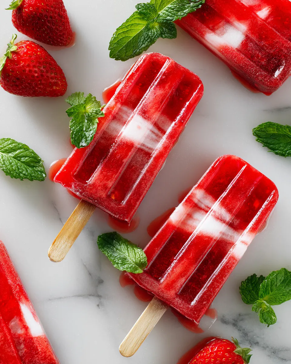 Delicious strawberry popsicles recipe made with fresh strawberries, sugar, and lemon juice, perfect summer treat for cooling down.