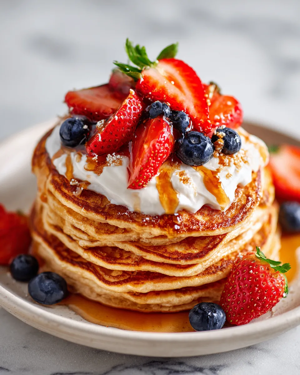 Delicious Low-Calorie Protein Pancakes with Cinnamon Yogurt Low-calorie protein pancakes topped with cinnamon Greek yogurt, a healthy brunch option packed with flavor and nutrition.