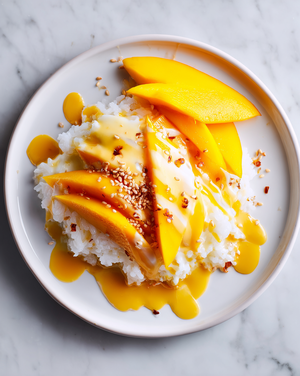 Delicious mango sticky rice with coconut milk and ripe mangoes, a perfect festive dessert