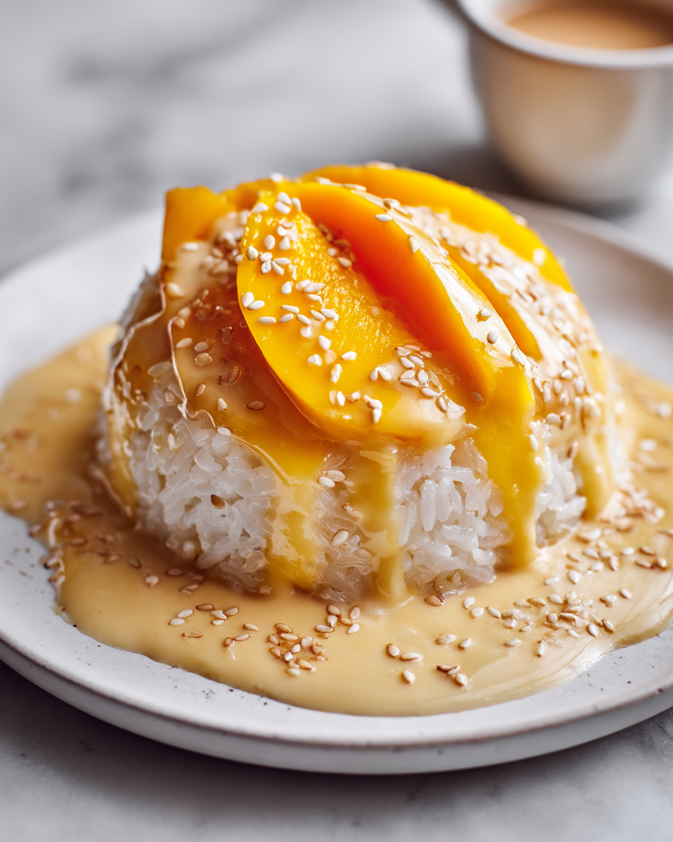Delicious mango sticky rice with coconut milk and ripe mangoes, a perfect festive dessert