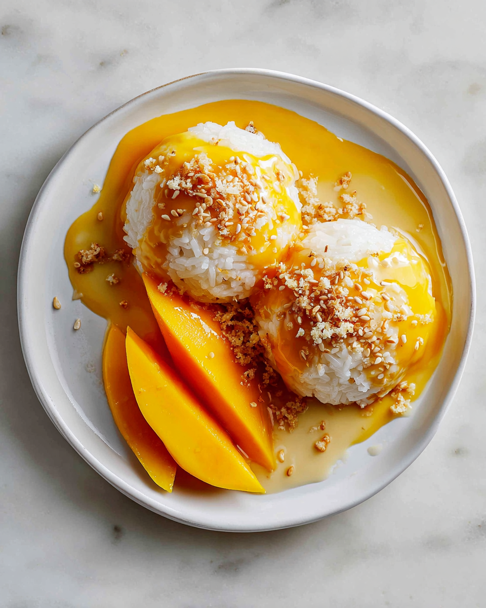 Delicious mango sticky rice with coconut milk and ripe mangoes, a perfect festive dessert