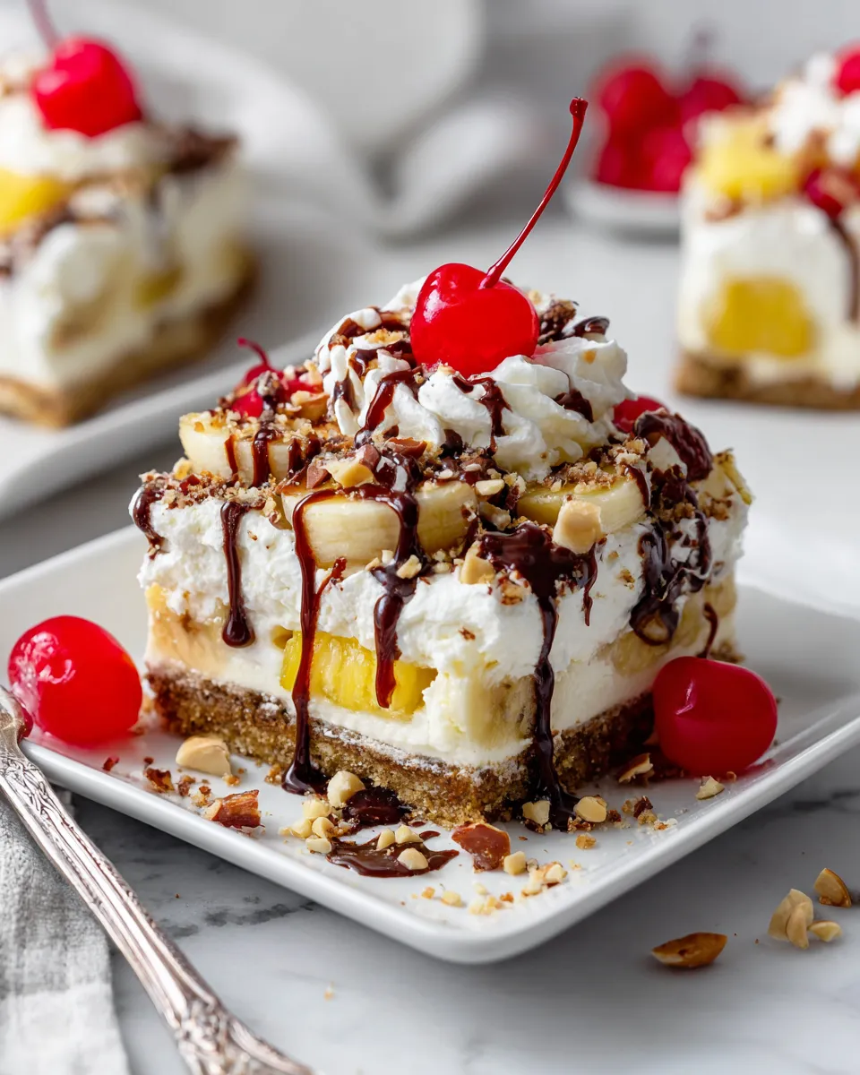 No-Bake Banana Split Dessert with creamy layers and toppings, perfect holiday treat