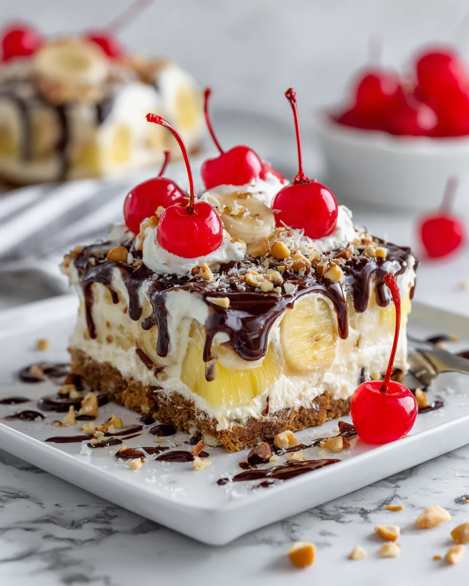 No-Bake Banana Split Dessert with creamy layers and toppings, perfect holiday treat