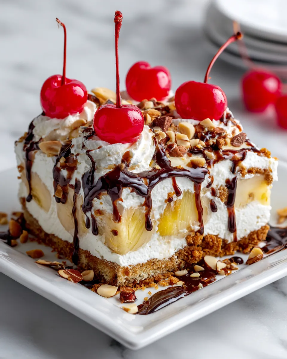 No-Bake Banana Split Dessert with creamy layers and toppings, perfect holiday treat