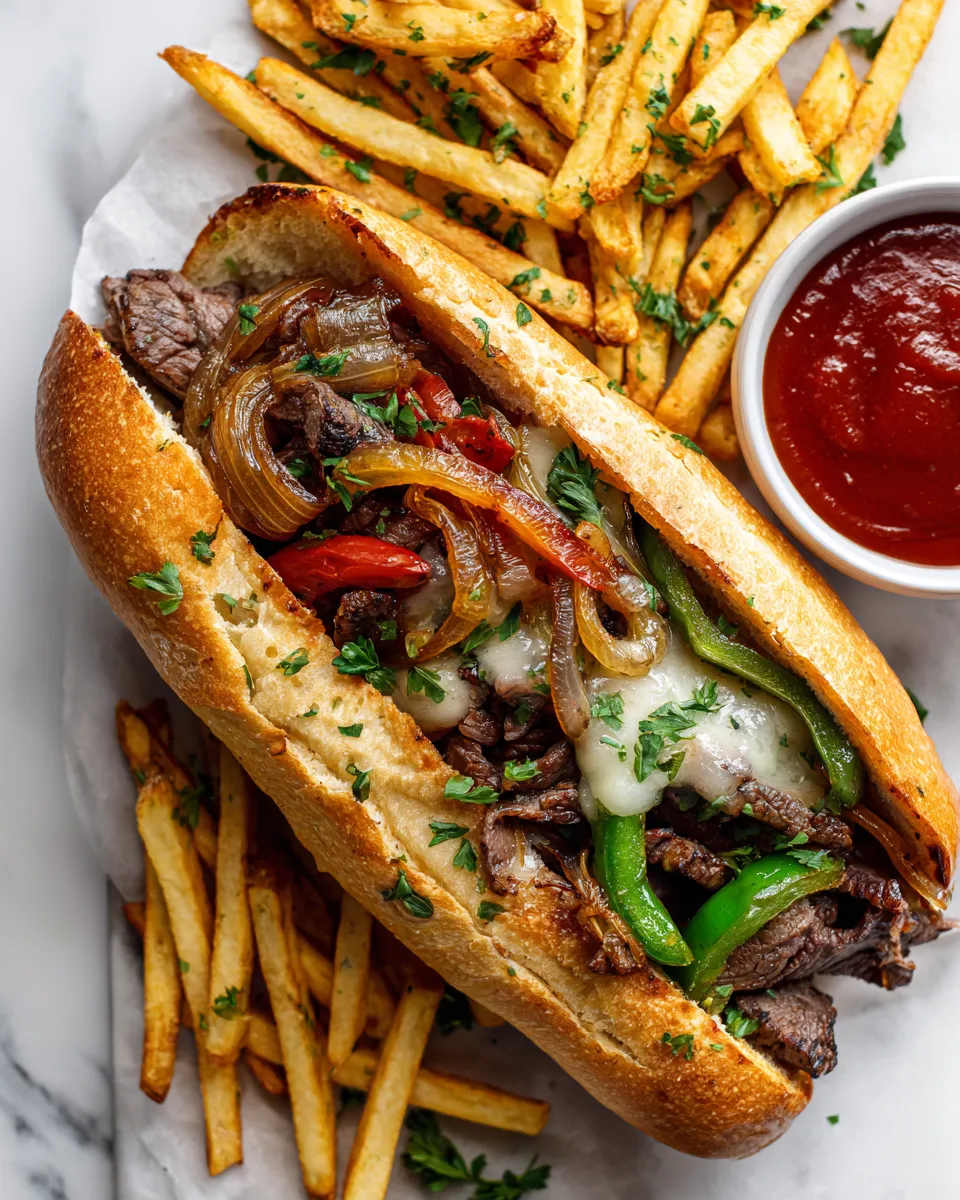 Philly cheesesteak sandwich with ribeye steak, sautéed peppers, and melted provolone cheese on hoagie rolls, served with crispy fries.