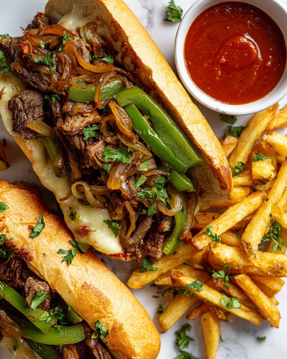 Philly cheesesteak sandwich with ribeye steak, sautéed peppers, and melted provolone cheese on hoagie rolls, served with crispy fries.