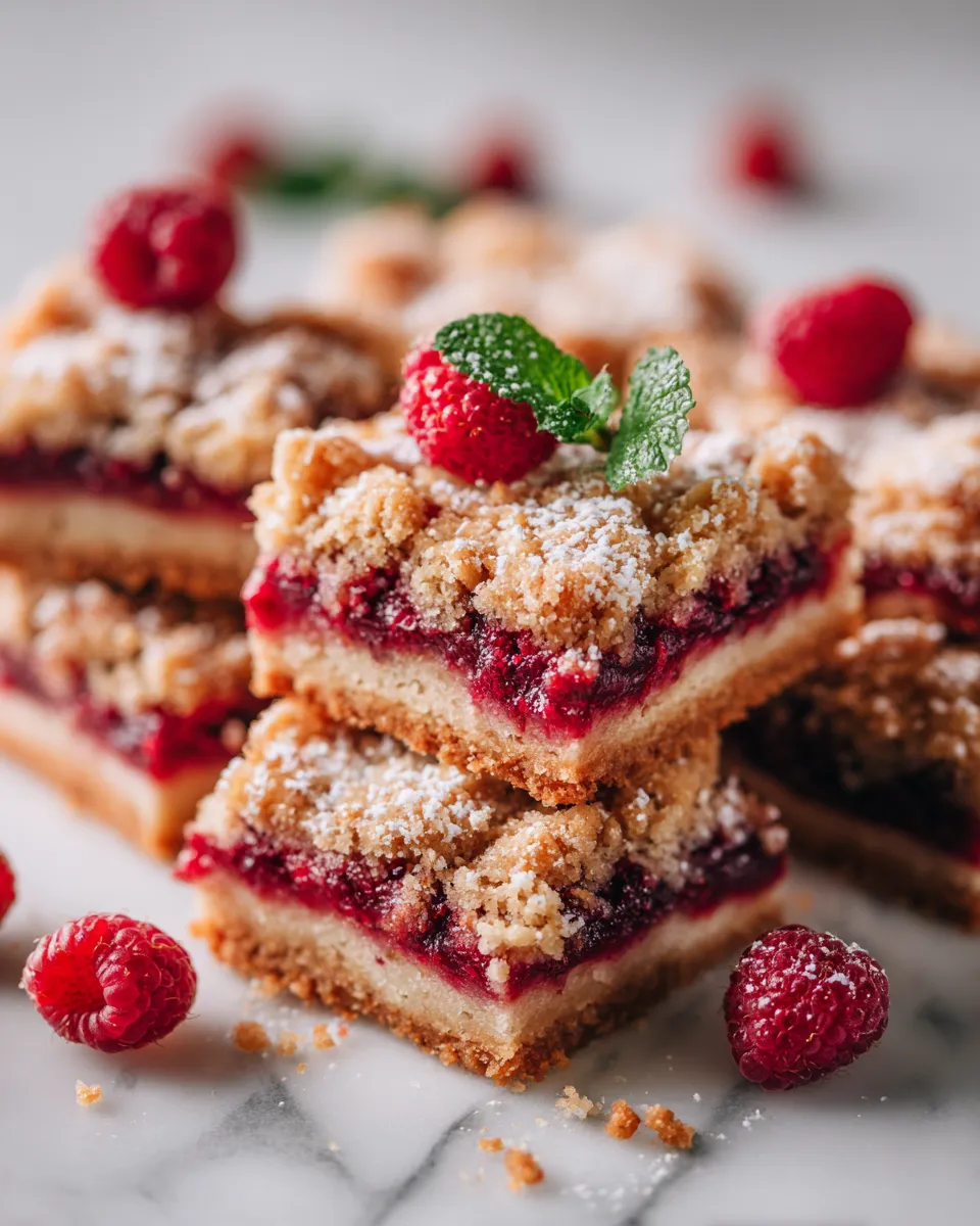 Raspberry Crumble Bars with buttery crumble topping and tart raspberry filling, perfect for autumn gatherings and holidays.