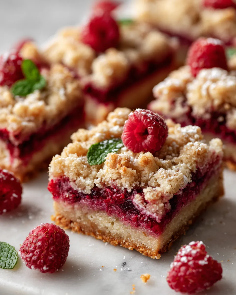 Raspberry Crumble Bars with buttery crumble topping and tart raspberry filling, perfect for autumn gatherings and holidays.