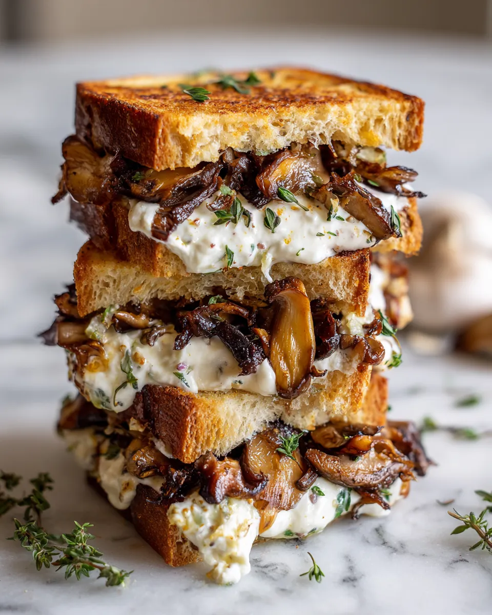 A roasted mushroom sandwich with horseradish aioli served on sourdough bread