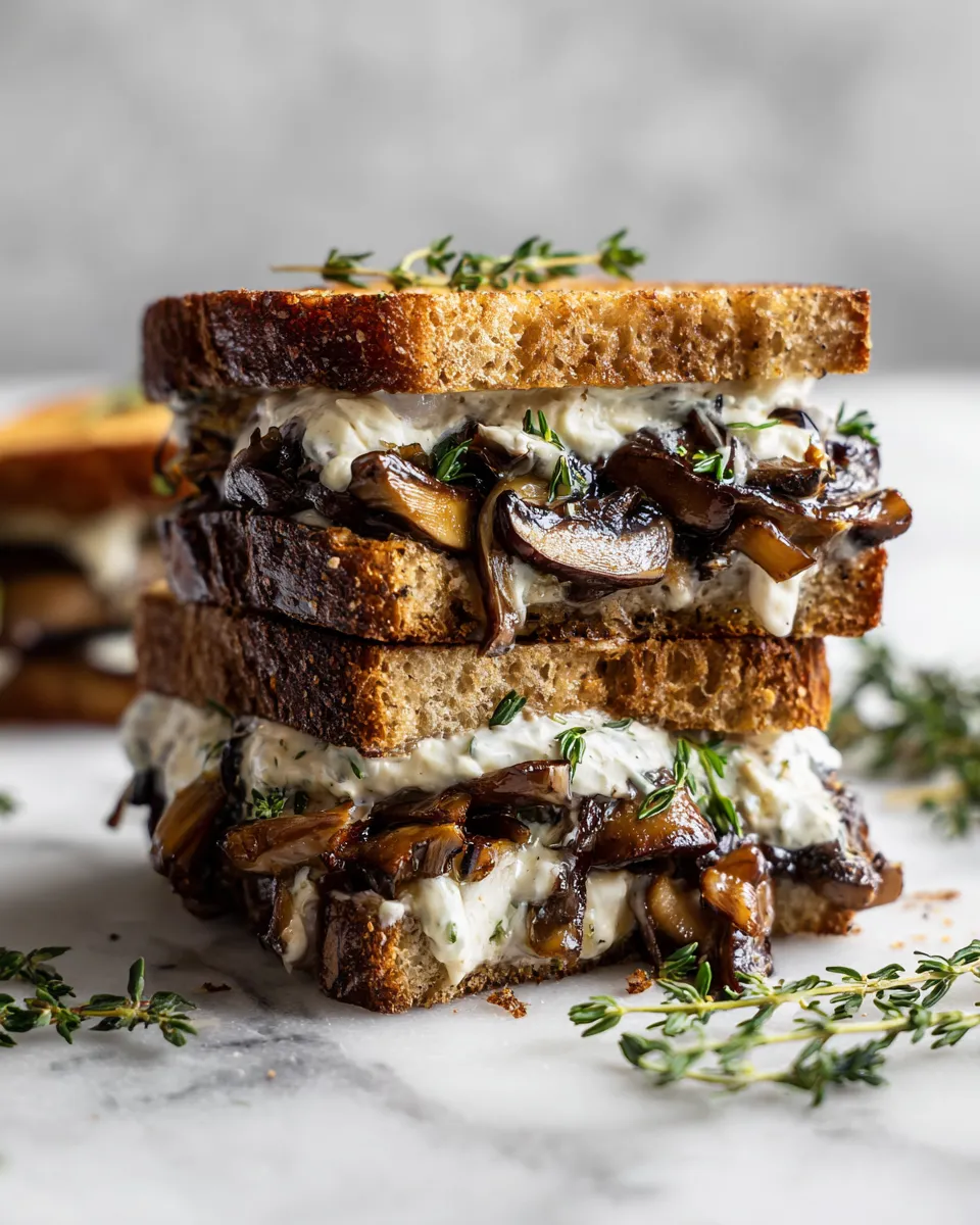 A roasted mushroom sandwich with horseradish aioli served on sourdough bread