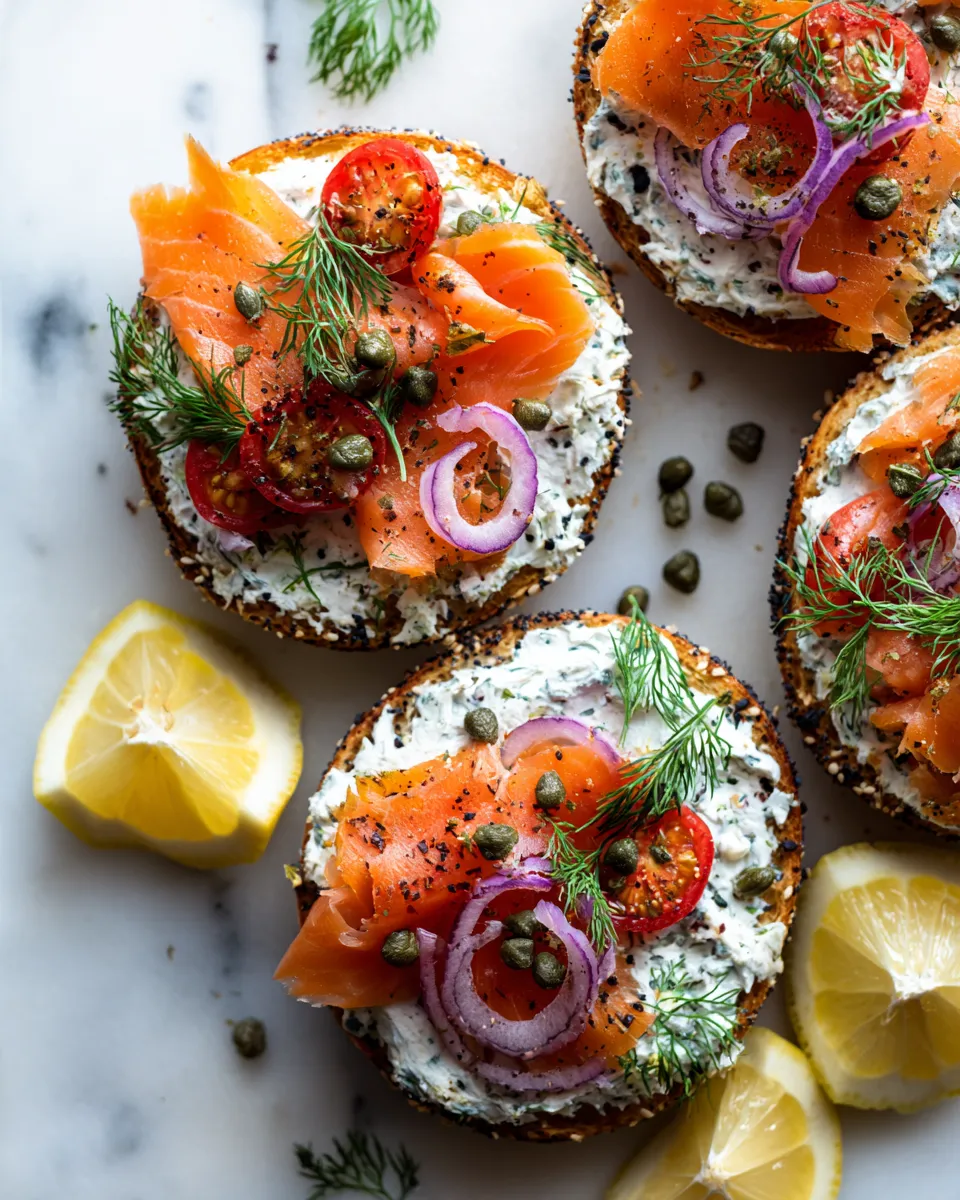Enjoy a fresh smoked salmon bagel with cream cheese, capers, and fresh dill, perfect for brunch gatherings