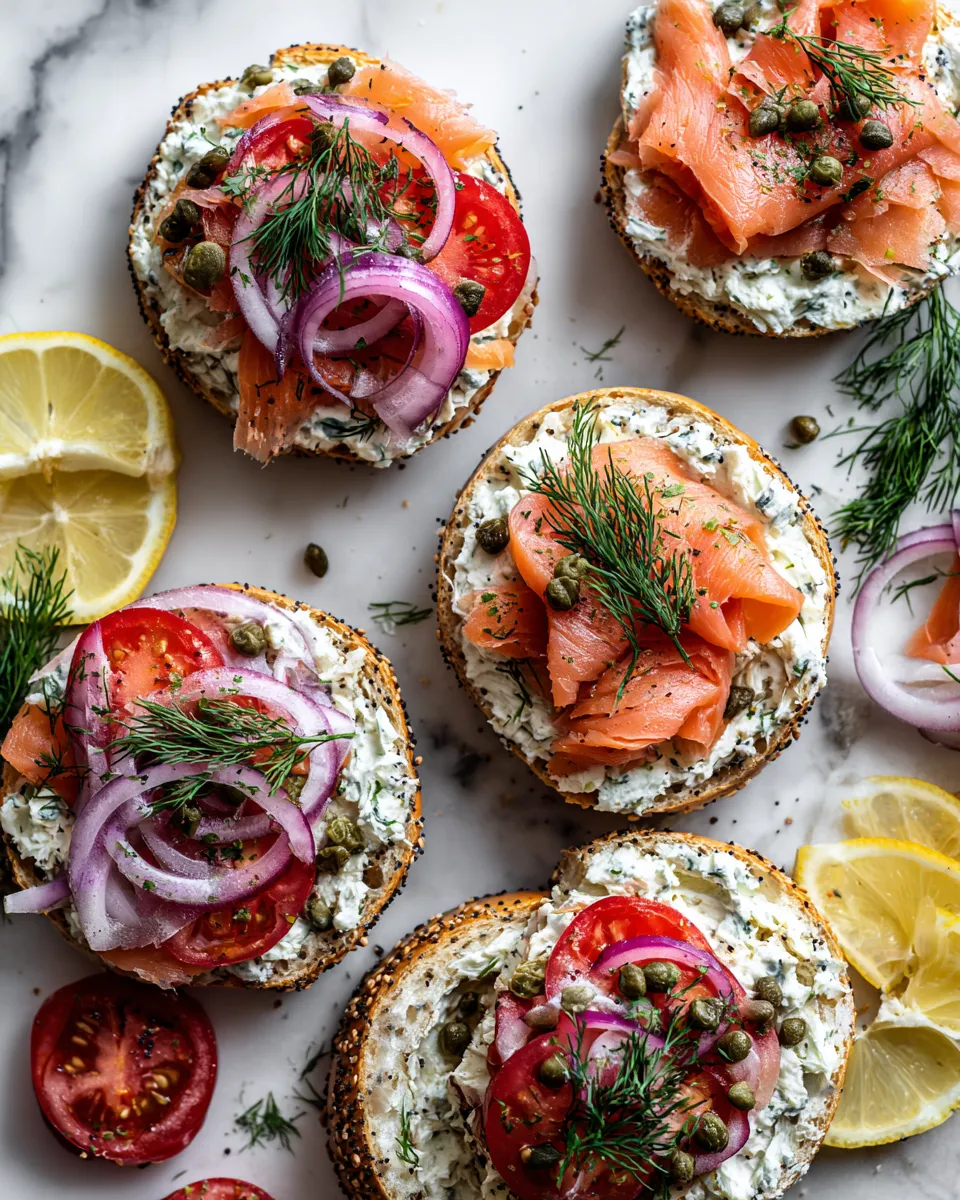 Enjoy a fresh smoked salmon bagel with cream cheese, capers, and fresh dill, perfect for brunch gatherings