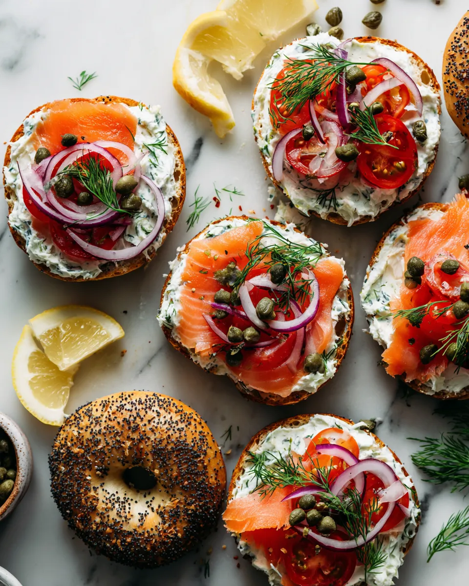 Enjoy a fresh smoked salmon bagel with cream cheese, capers, and fresh dill, perfect for brunch gatherings