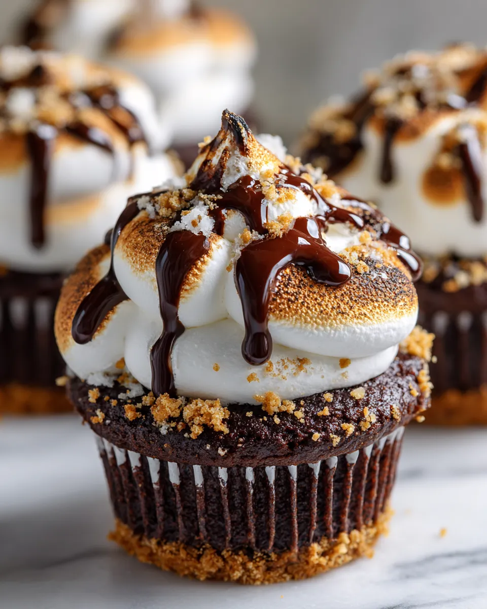 S'mores cupcakes with chocolate, graham cracker, and marshmallow frosting, perfect festive dessert for gatherings