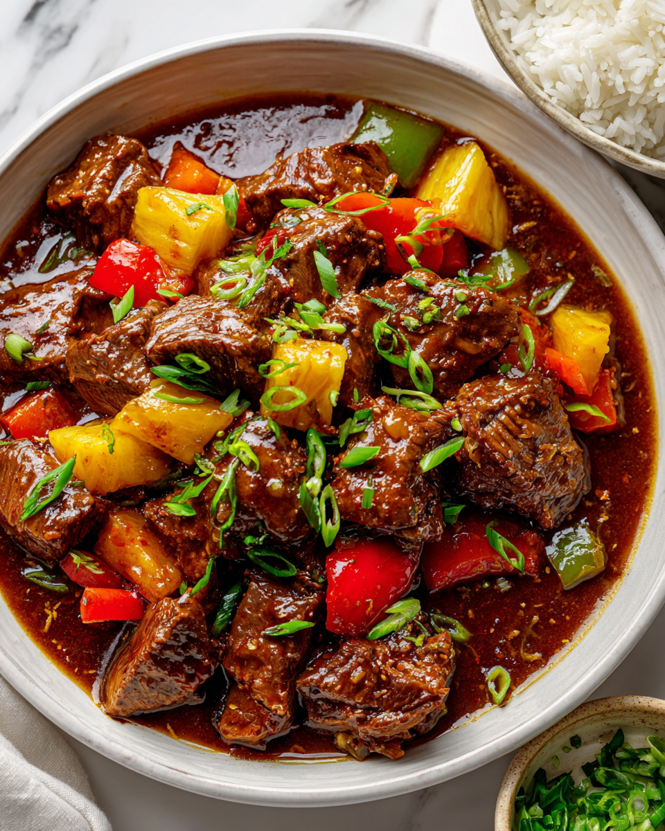 Slow cooked Sweet and Sour Beef with tender chunks of beef, vibrant bell peppers, and tangy pineapple in a rich sauce.