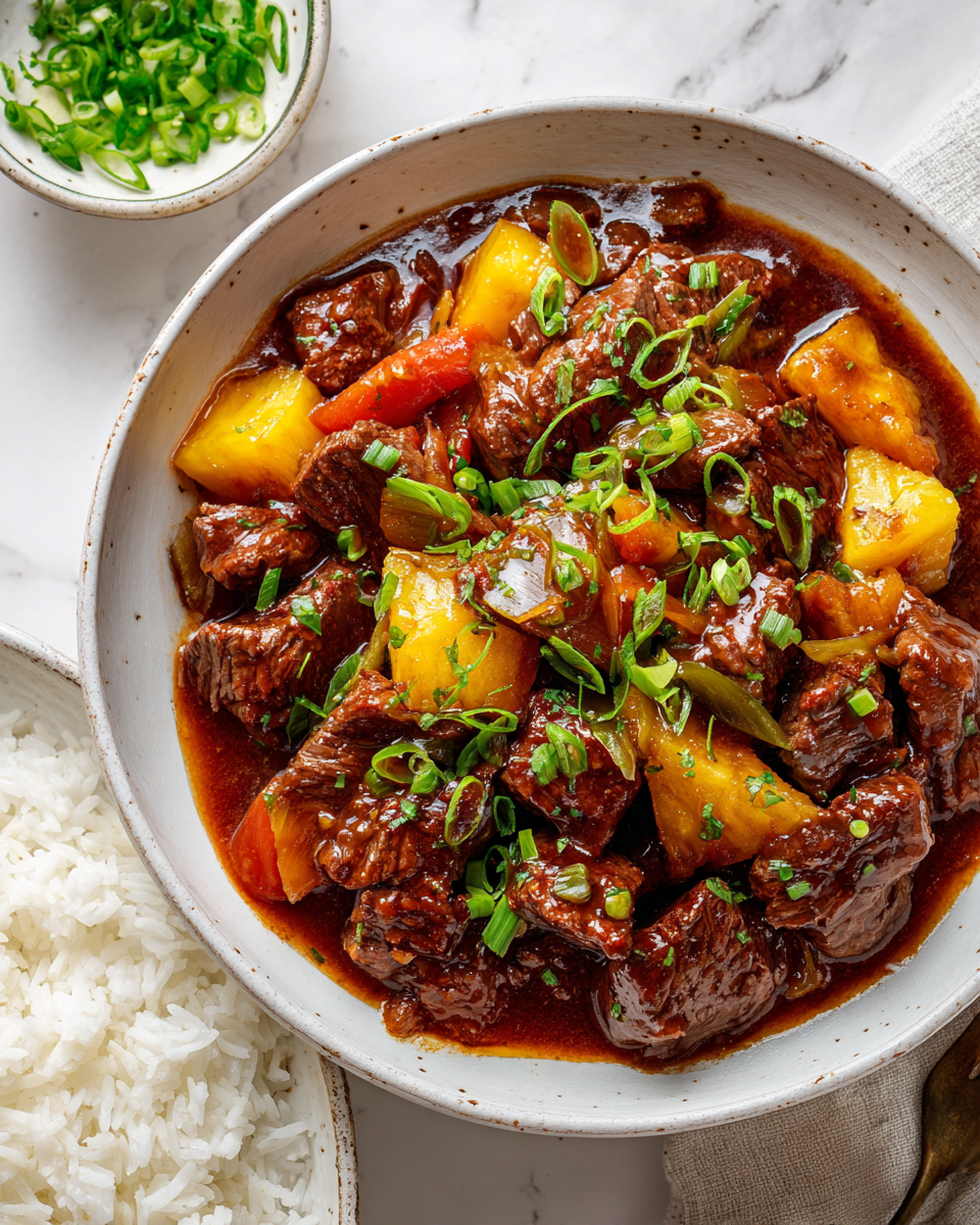 Slow cooked Sweet and Sour Beef with tender chunks of beef, vibrant bell peppers, and tangy pineapple in a rich sauce.