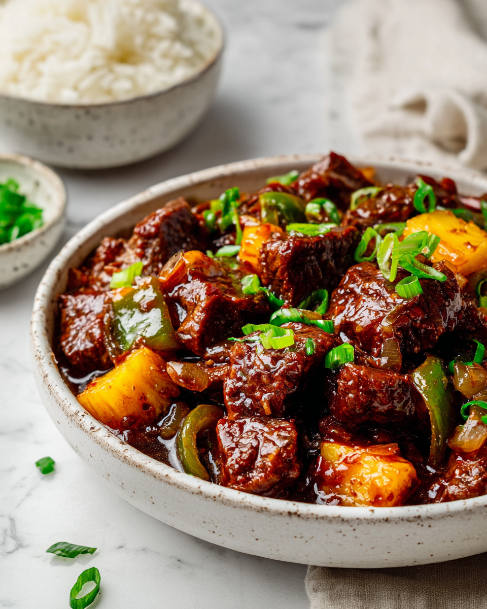 Slow cooked Sweet and Sour Beef with tender chunks of beef, vibrant bell peppers, and tangy pineapple in a rich sauce.