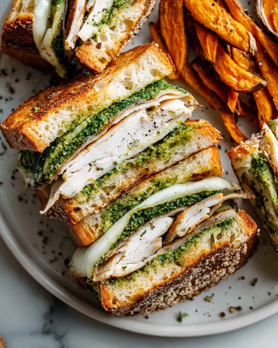 Delicious Turkey Pesto Sandwich with roasted turkey, basil pesto, and melted provolone cheese on crusty bread