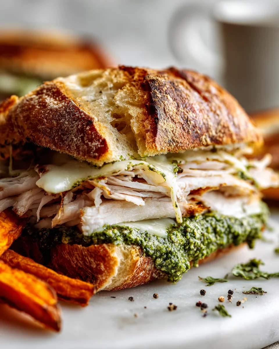 Delicious Turkey Pesto Sandwich with roasted turkey, basil pesto, and melted provolone cheese on crusty bread