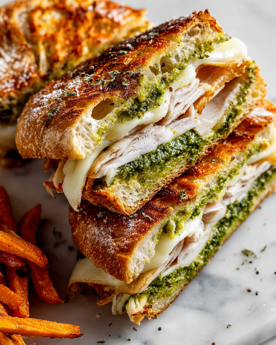Delicious Turkey Pesto Sandwich with roasted turkey, basil pesto, and melted provolone cheese on crusty bread