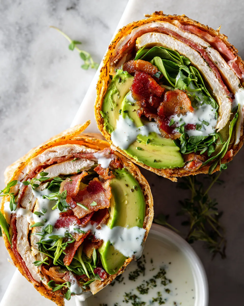 Turkey Ranch Club Wrap with turkey, bacon, avocado, and spinach in a tortilla, perfect for quick meals and holiday leftovers.