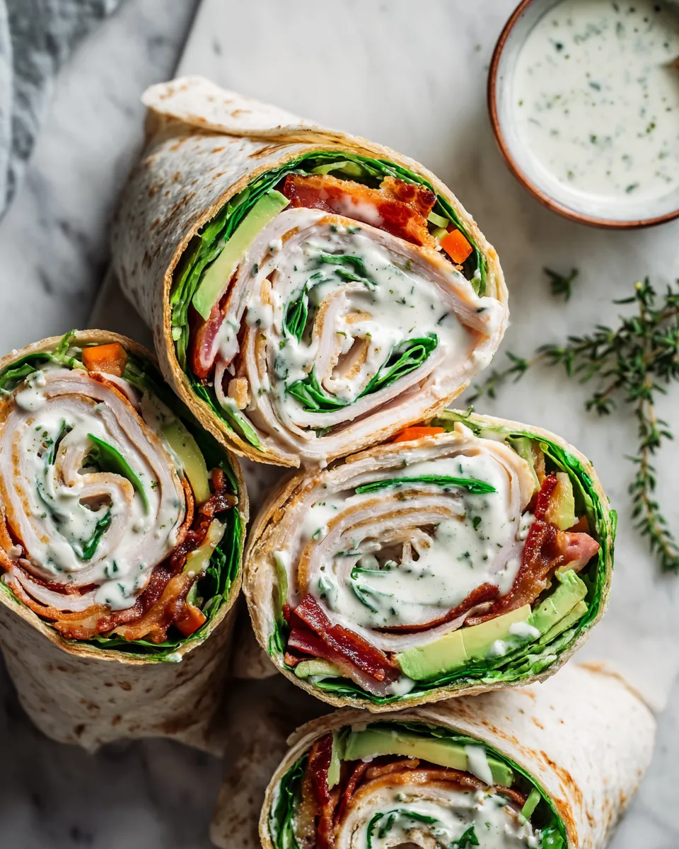 Turkey Ranch Club Wrap with turkey, bacon, avocado, and spinach in a tortilla, perfect for quick meals and holiday leftovers.