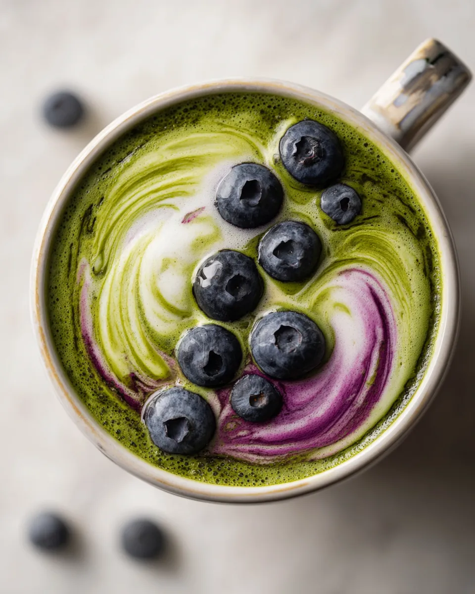 A vibrant Blueberry Matcha Latte topped with fresh blueberries, perfect for holiday gatherings, rich in antioxidants, and quick to prepare.