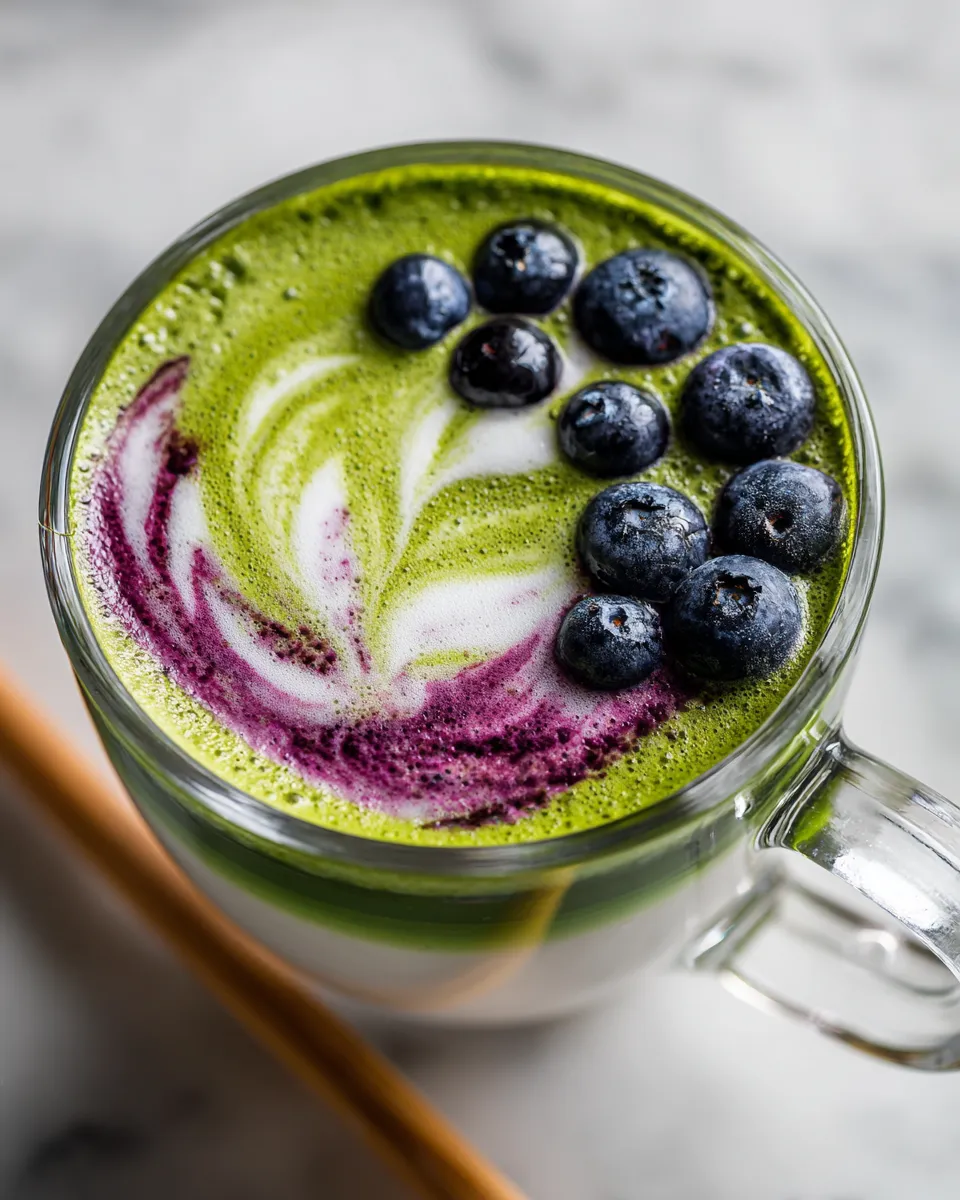 A vibrant Blueberry Matcha Latte topped with fresh blueberries, perfect for holiday gatherings, rich in antioxidants, and quick to prepare.
