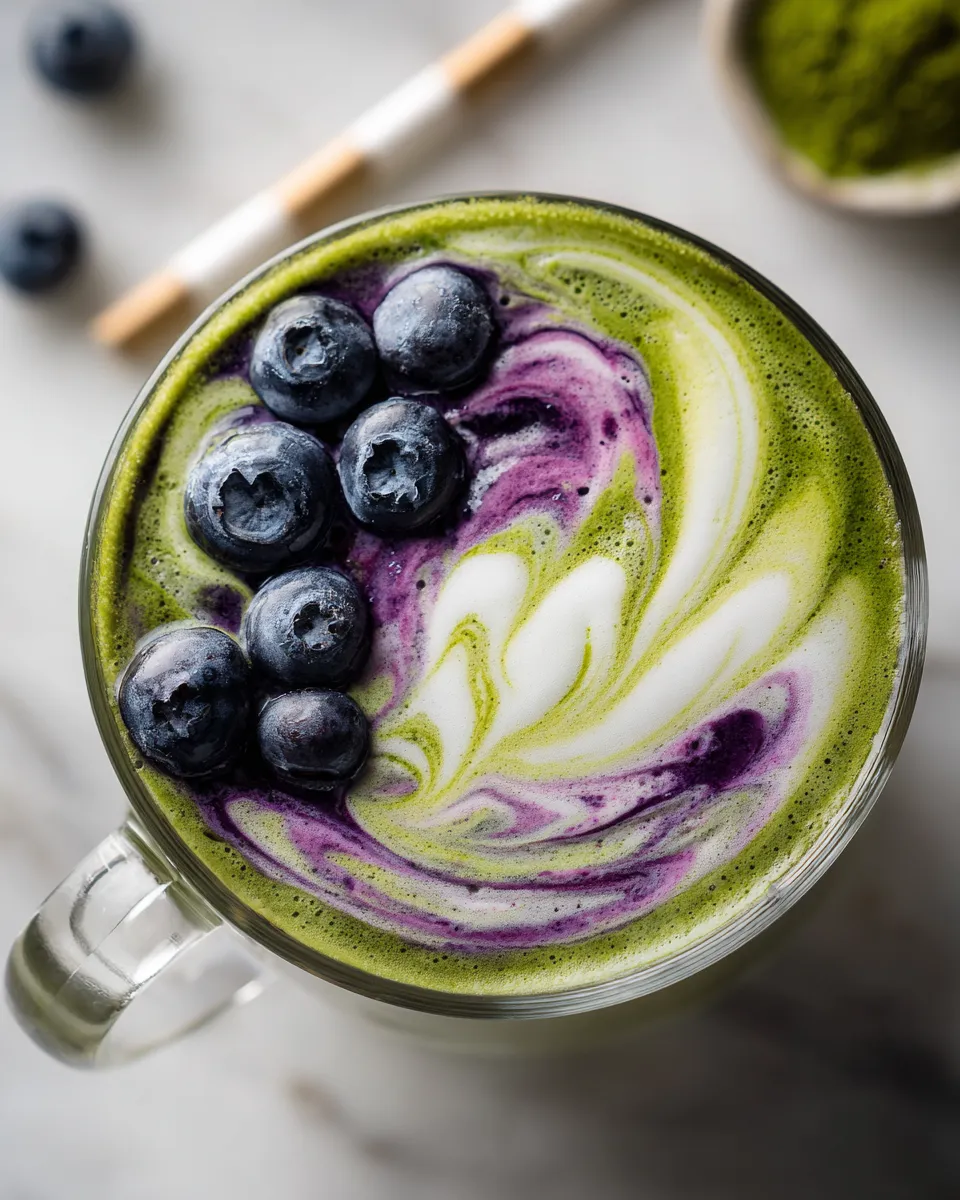 A vibrant Blueberry Matcha Latte topped with fresh blueberries, perfect for holiday gatherings, rich in antioxidants, and quick to prepare.