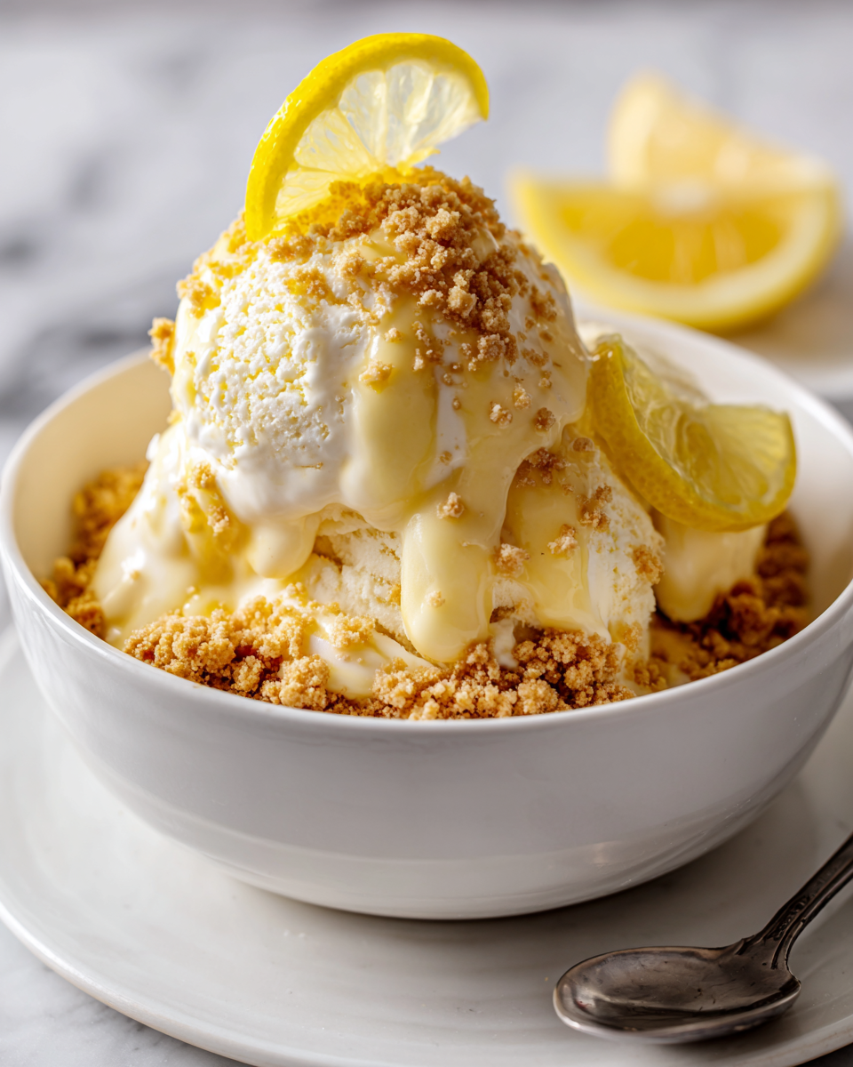Delicious lemon icebox pie ice cream with crunchy graham cracker crust, perfect fall dessert, nostalgic family treat.