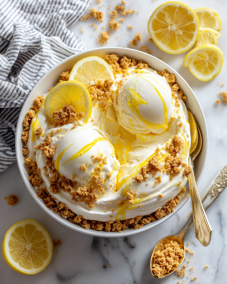Delicious lemon icebox pie ice cream with crunchy graham cracker crust, perfect fall dessert, nostalgic family treat.