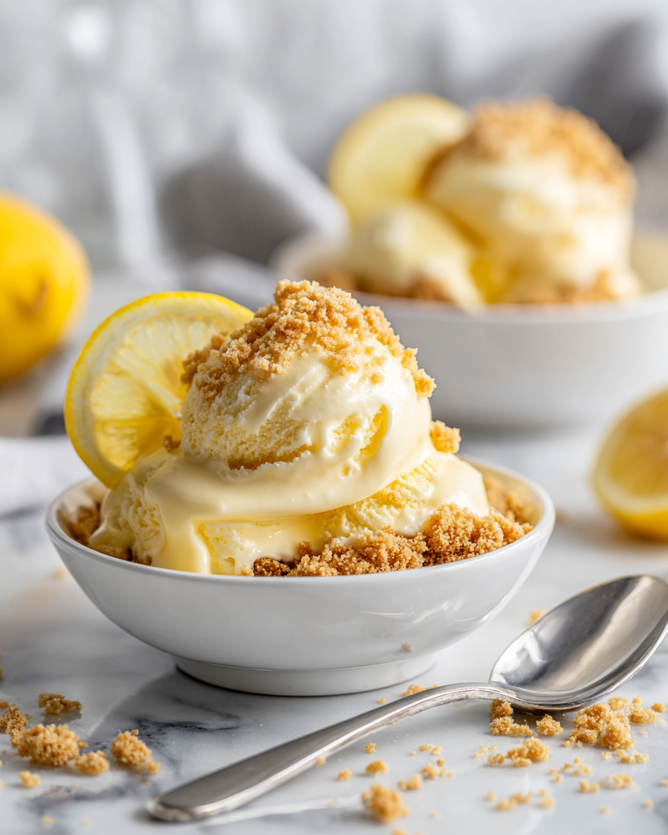 Delicious lemon icebox pie ice cream with crunchy graham cracker crust, perfect fall dessert, nostalgic family treat.