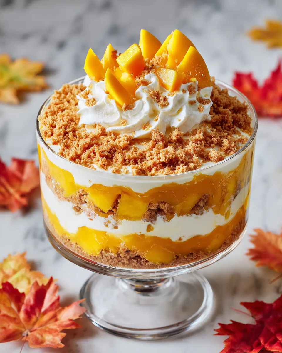 Mango Cheesecake Trifle featuring layers of creamy cheesecake, fresh mango, and graham crackers, perfect for holiday celebrations.