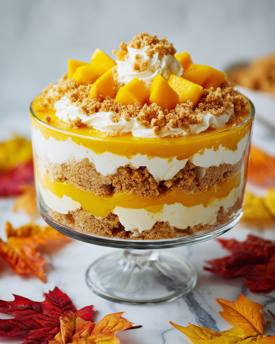 Mango Cheesecake Trifle featuring layers of creamy cheesecake, fresh mango, and graham crackers, perfect for holiday celebrations.