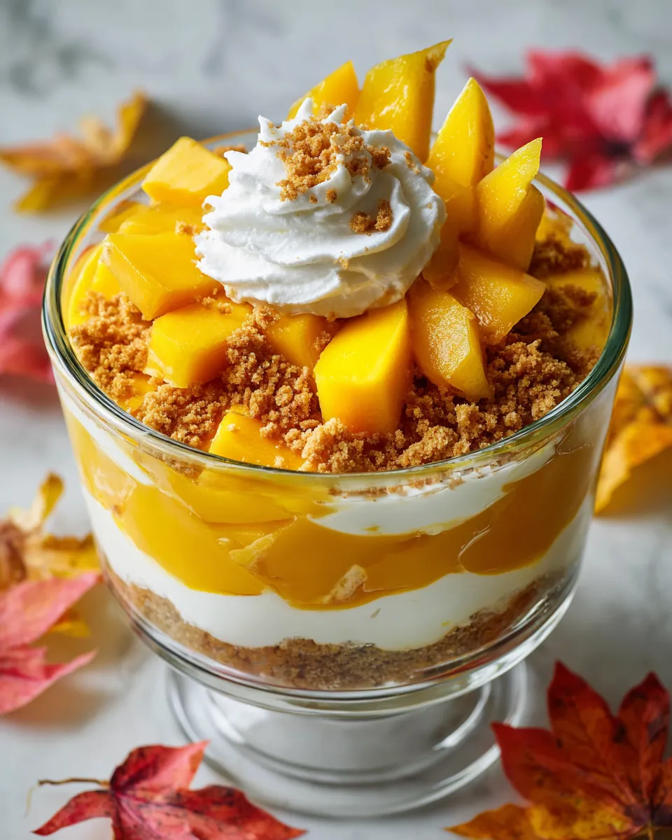 Mango Cheesecake Trifle featuring layers of creamy cheesecake, fresh mango, and graham crackers, perfect for holiday celebrations.