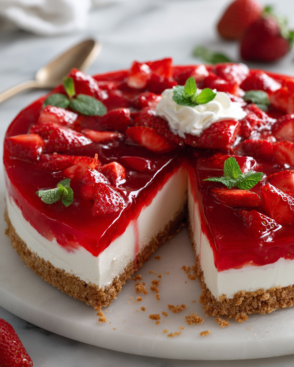 No-bake strawberry jello pie with creamy filling and fresh strawberries, perfect dessert for holiday gatherings