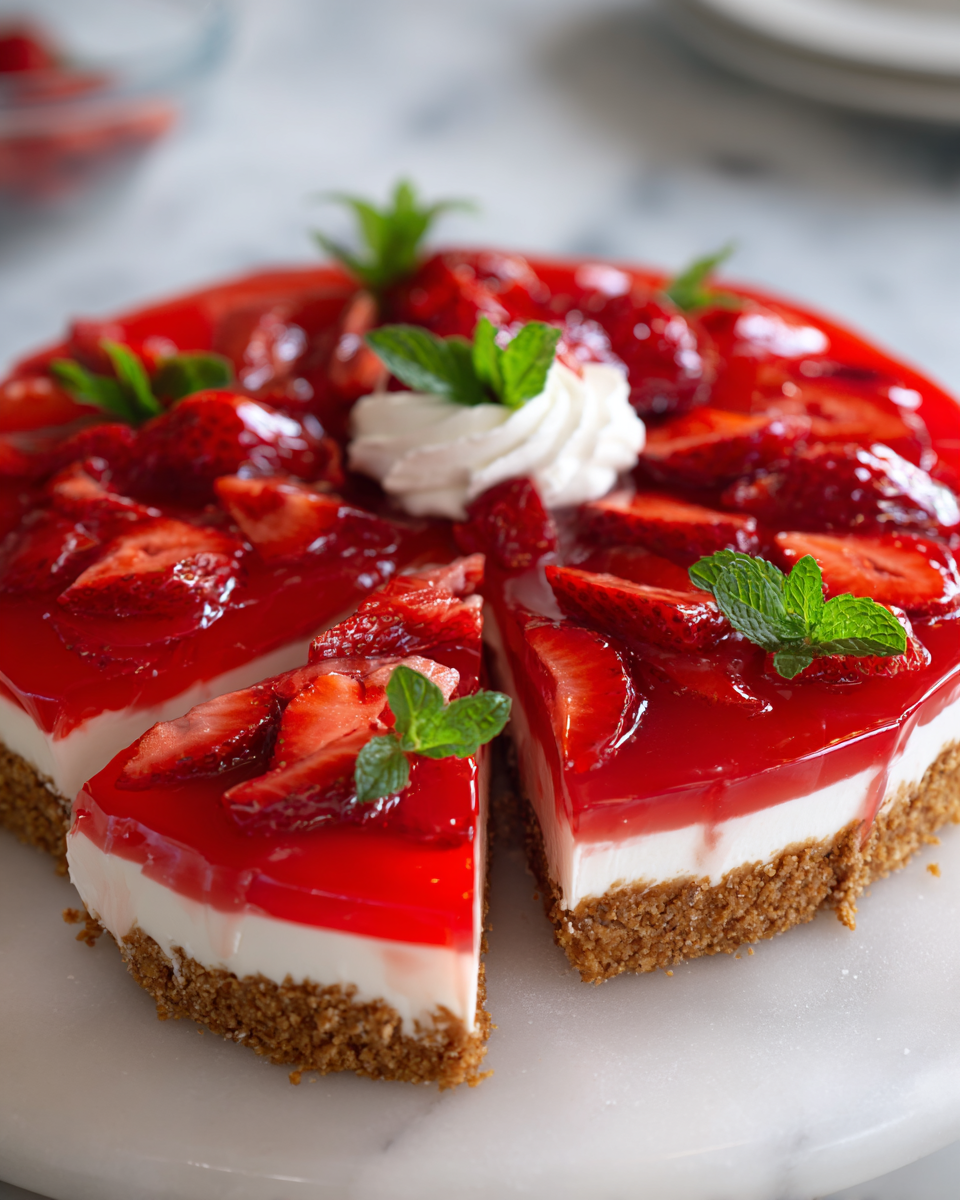 No-bake strawberry jello pie with creamy filling and fresh strawberries, perfect dessert for holiday gatherings