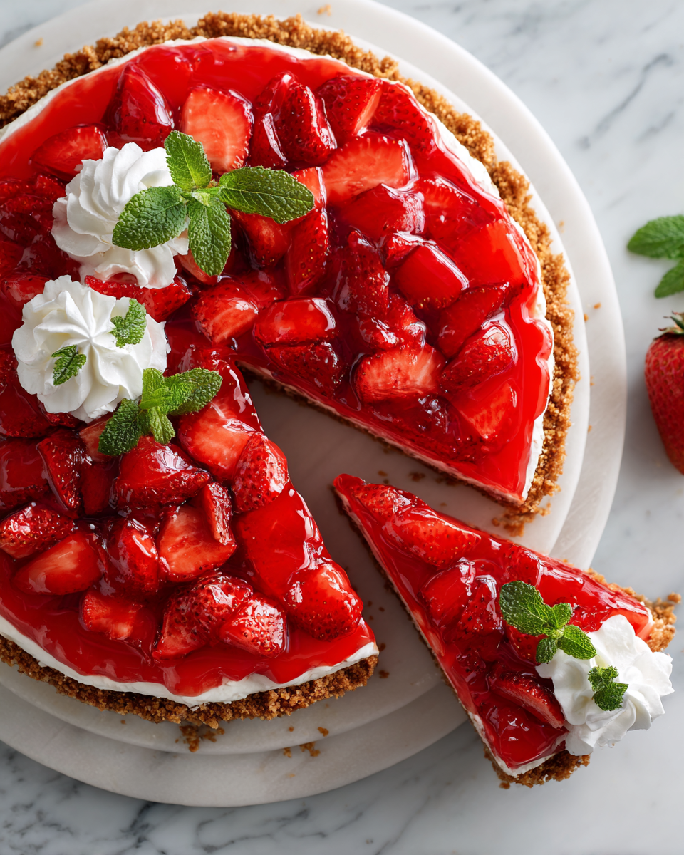 No-bake strawberry jello pie with creamy filling and fresh strawberries, perfect dessert for holiday gatherings