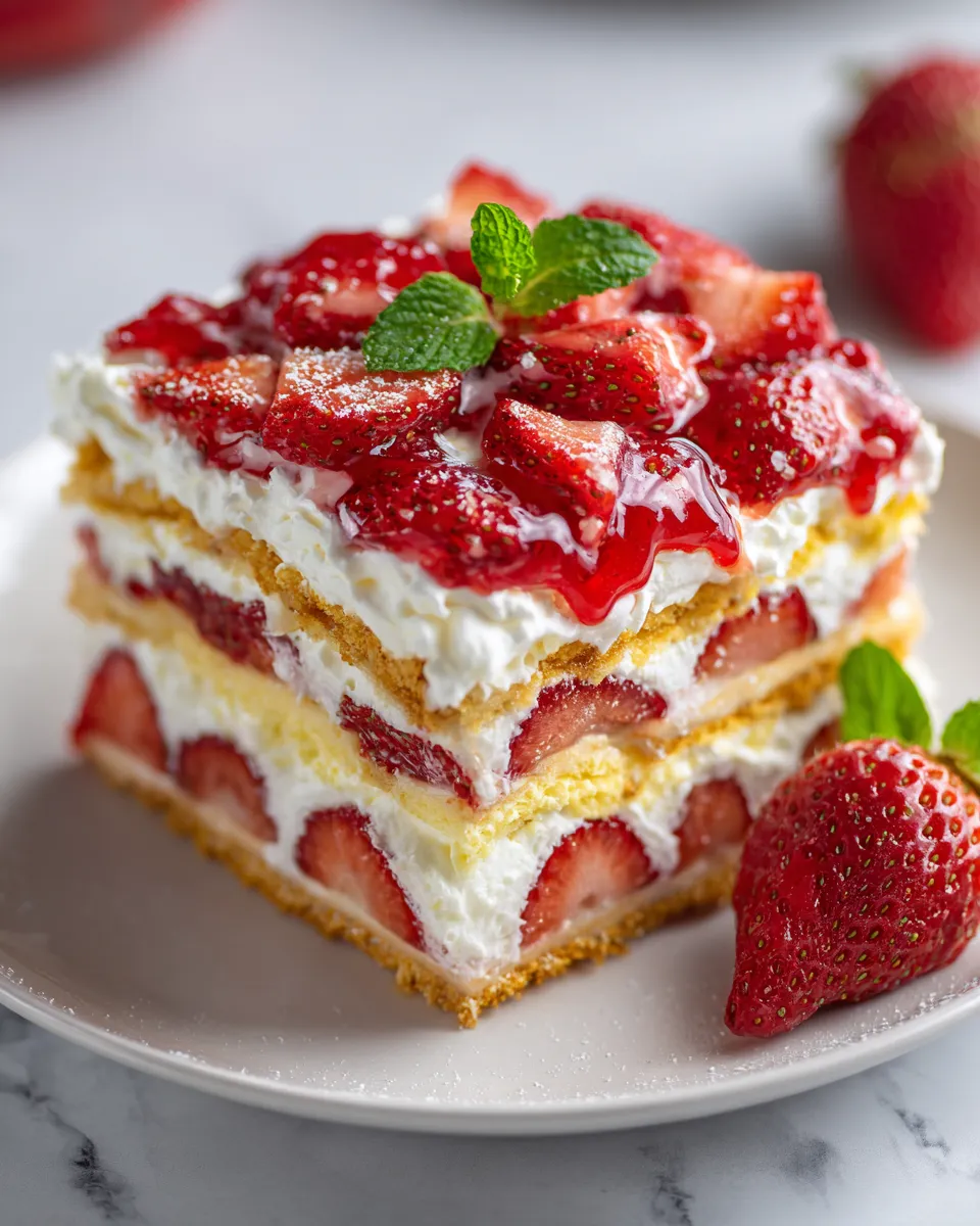 Fresh and creamy strawberry lasagna recipe with layers of strawberries, cream cheese, and a cookie crust. Perfect no-bake dessert for celebrations.