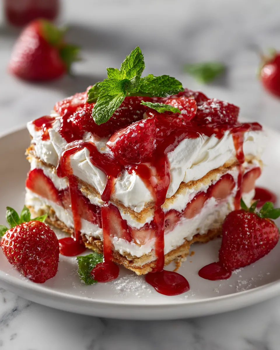 Fresh and creamy strawberry lasagna recipe with layers of strawberries, cream cheese, and a cookie crust. Perfect no-bake dessert for celebrations.