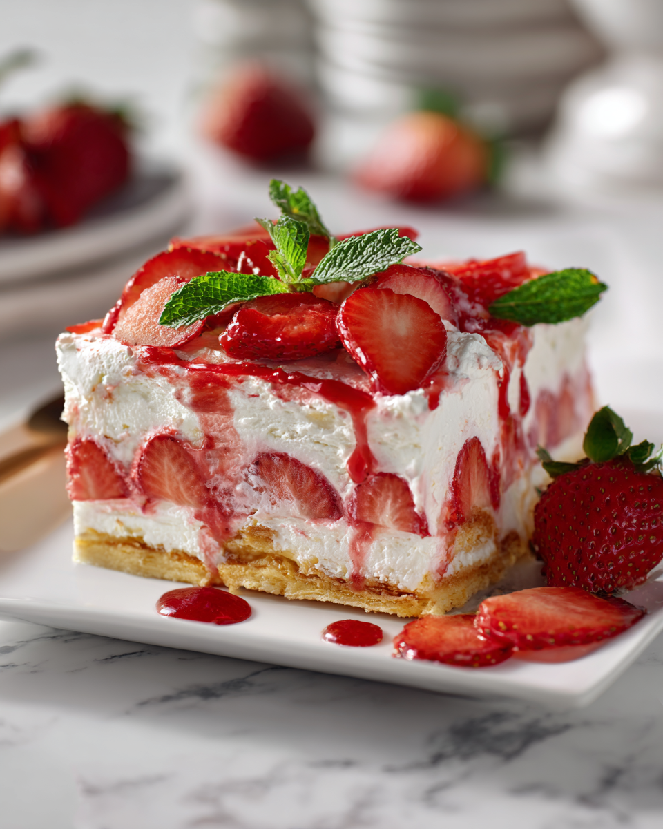 Delightful Strawberry Lasagna for Celebrations Fresh and creamy strawberry lasagna recipe with layers of strawberries, cream cheese, and a cookie crust. Perfect no-bake dessert for celebrations.