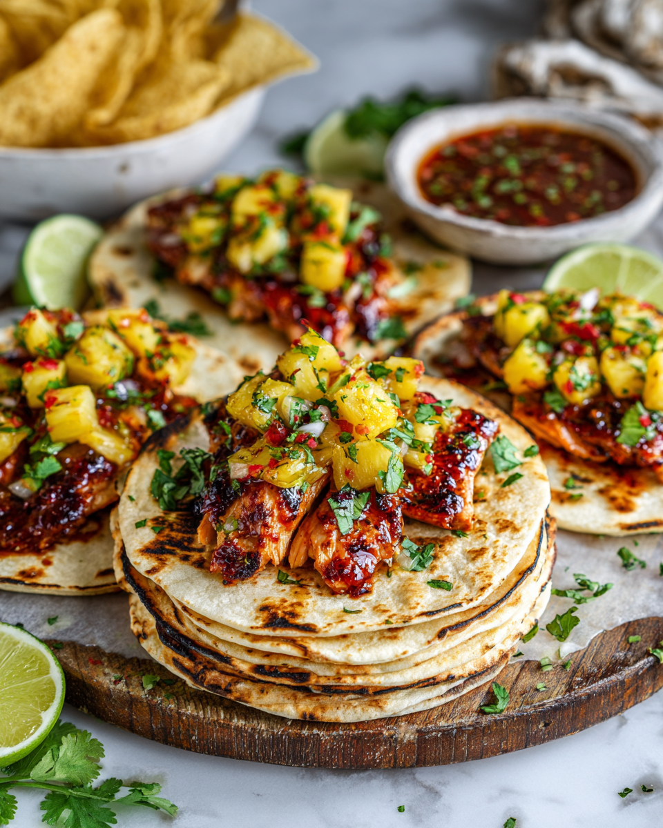 Delicious Teriyaki Chicken Tacos topped with Grilled Pineapple Pear Salsa, perfect for festive gatherings. Quick and unique meal idea.