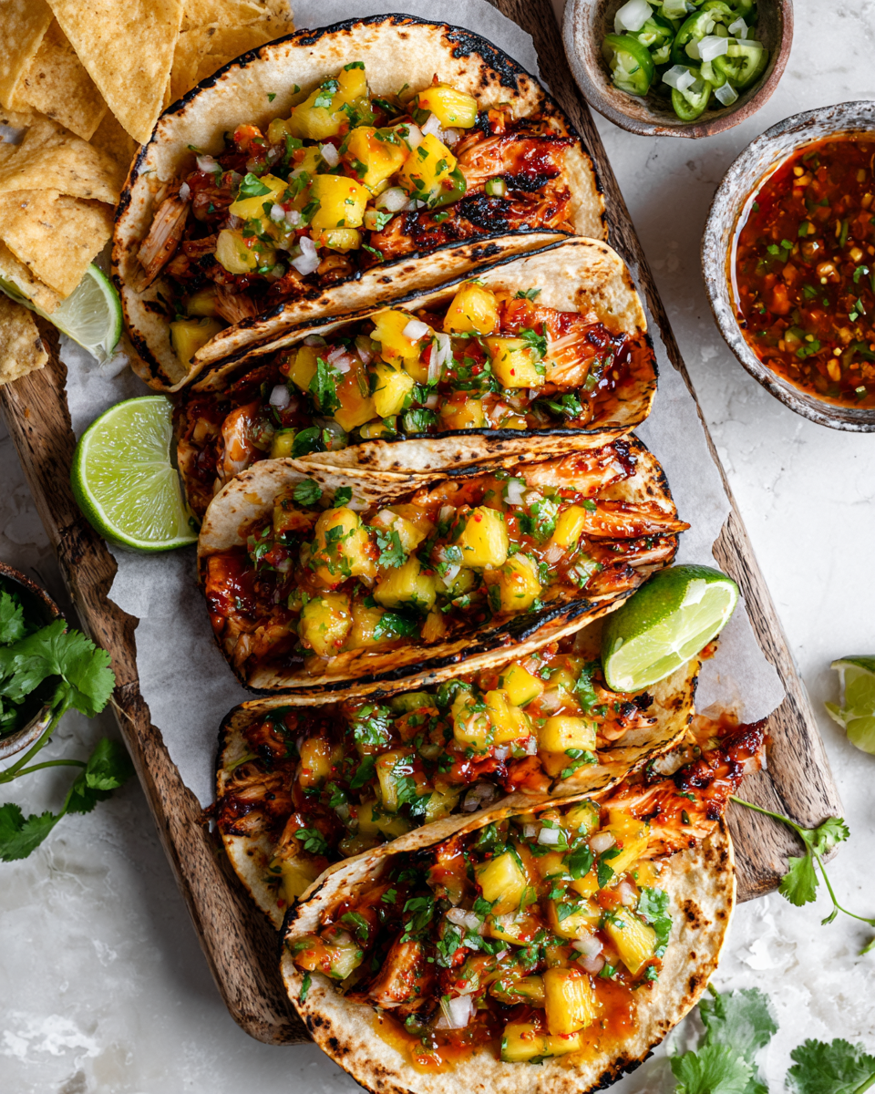 Delicious Teriyaki Chicken Tacos topped with Grilled Pineapple Pear Salsa, perfect for festive gatherings. Quick and unique meal idea.