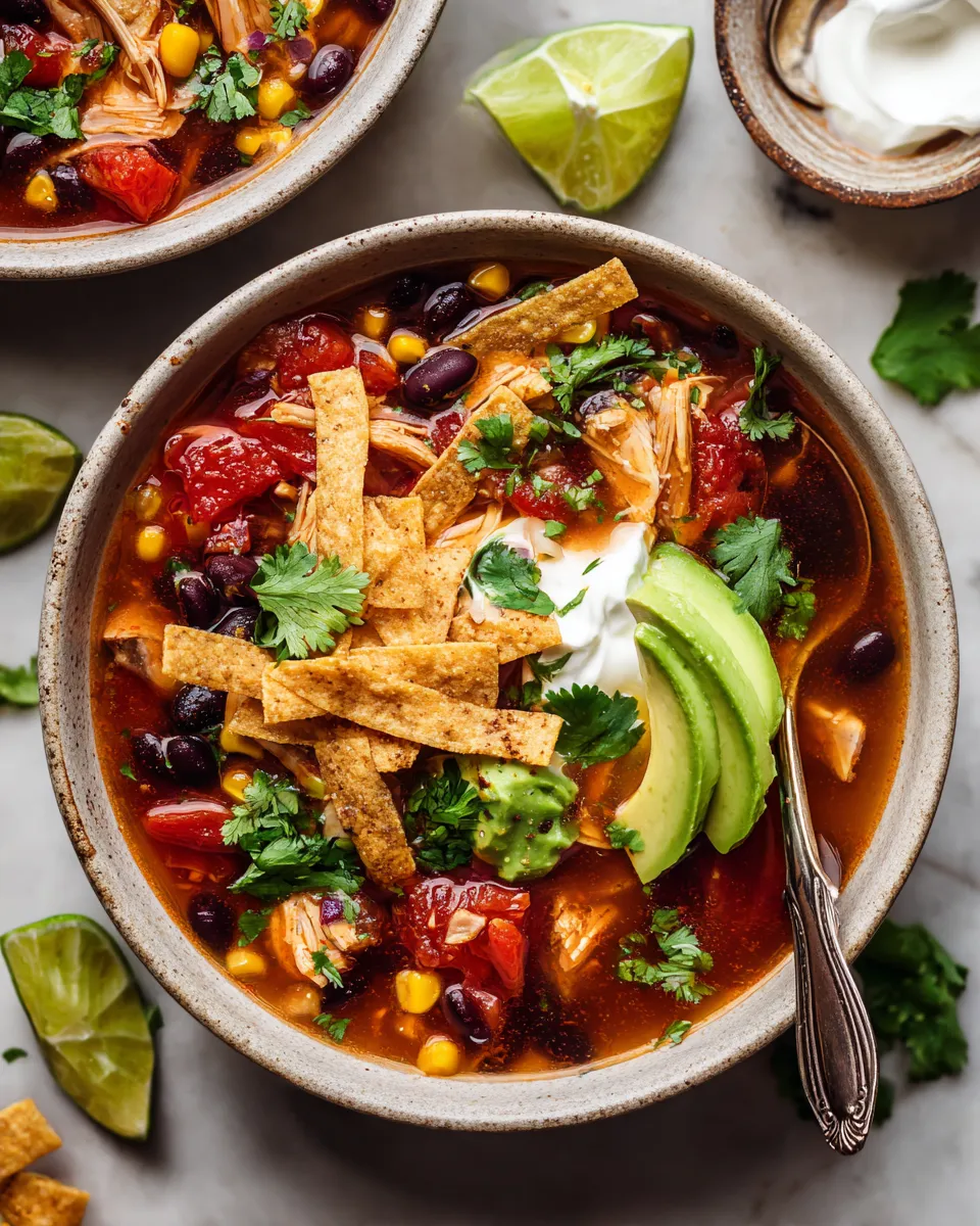 Delicious Chicken Tortilla Soup with spices, chicken, and crispy tortilla strips perfect for cold days.