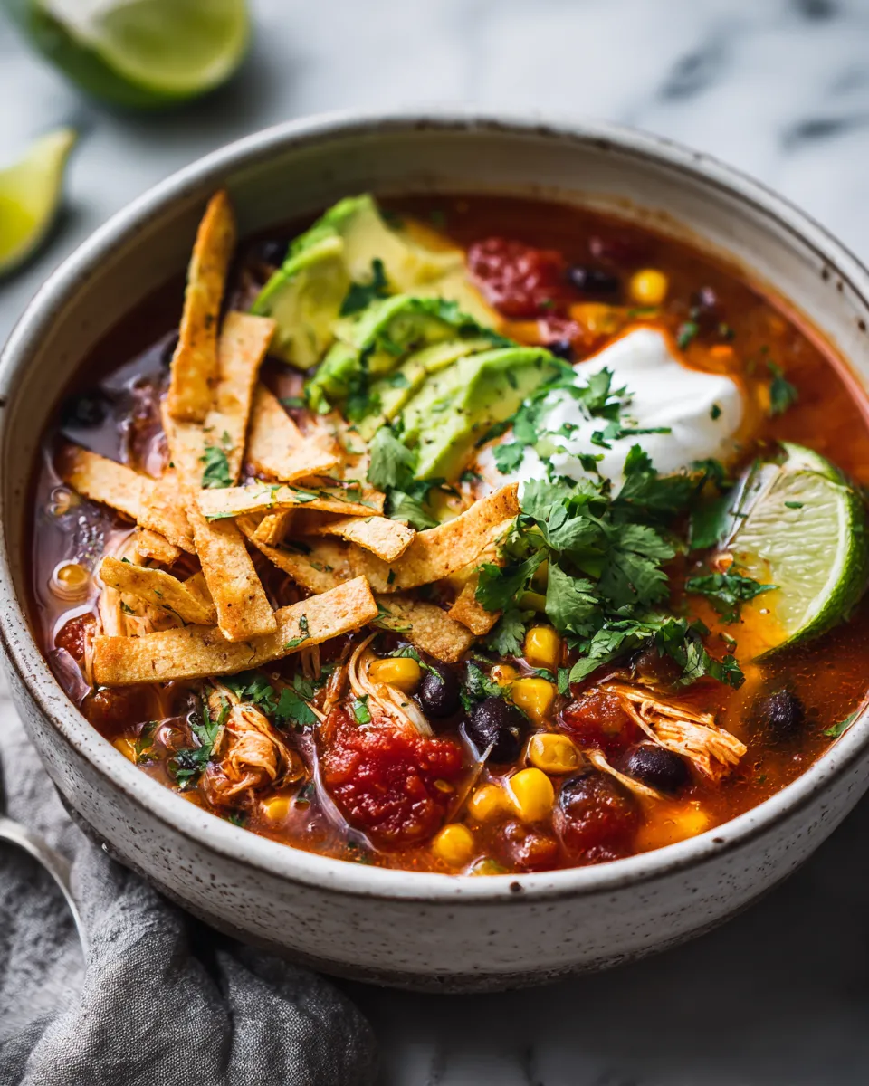 Delicious Chicken Tortilla Soup with spices, chicken, and crispy tortilla strips perfect for cold days.