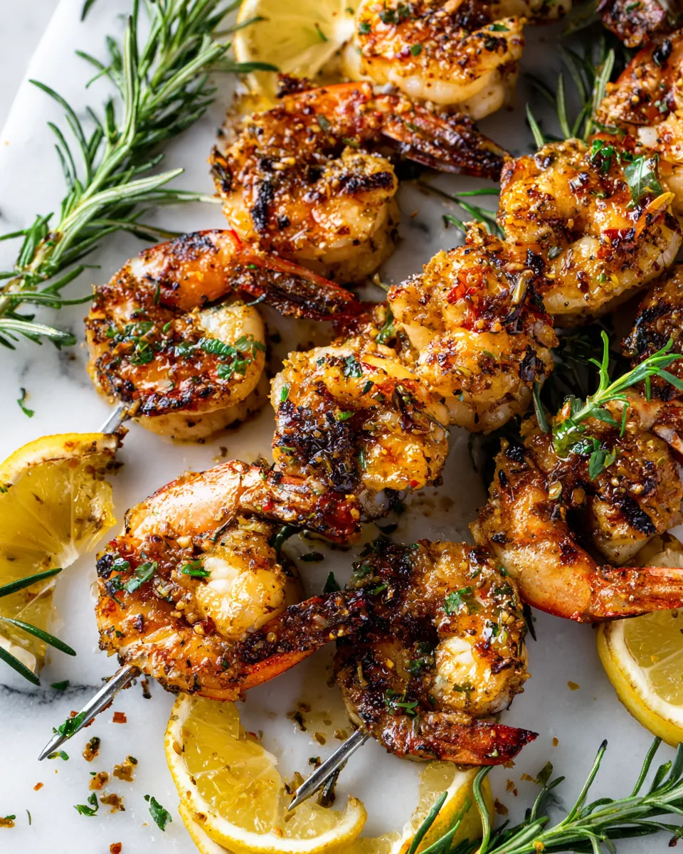 Grilled rosemary shrimp skewers showcasing vibrant colors and fresh ingredients, ideal for a fall dinner or festive gatherings.