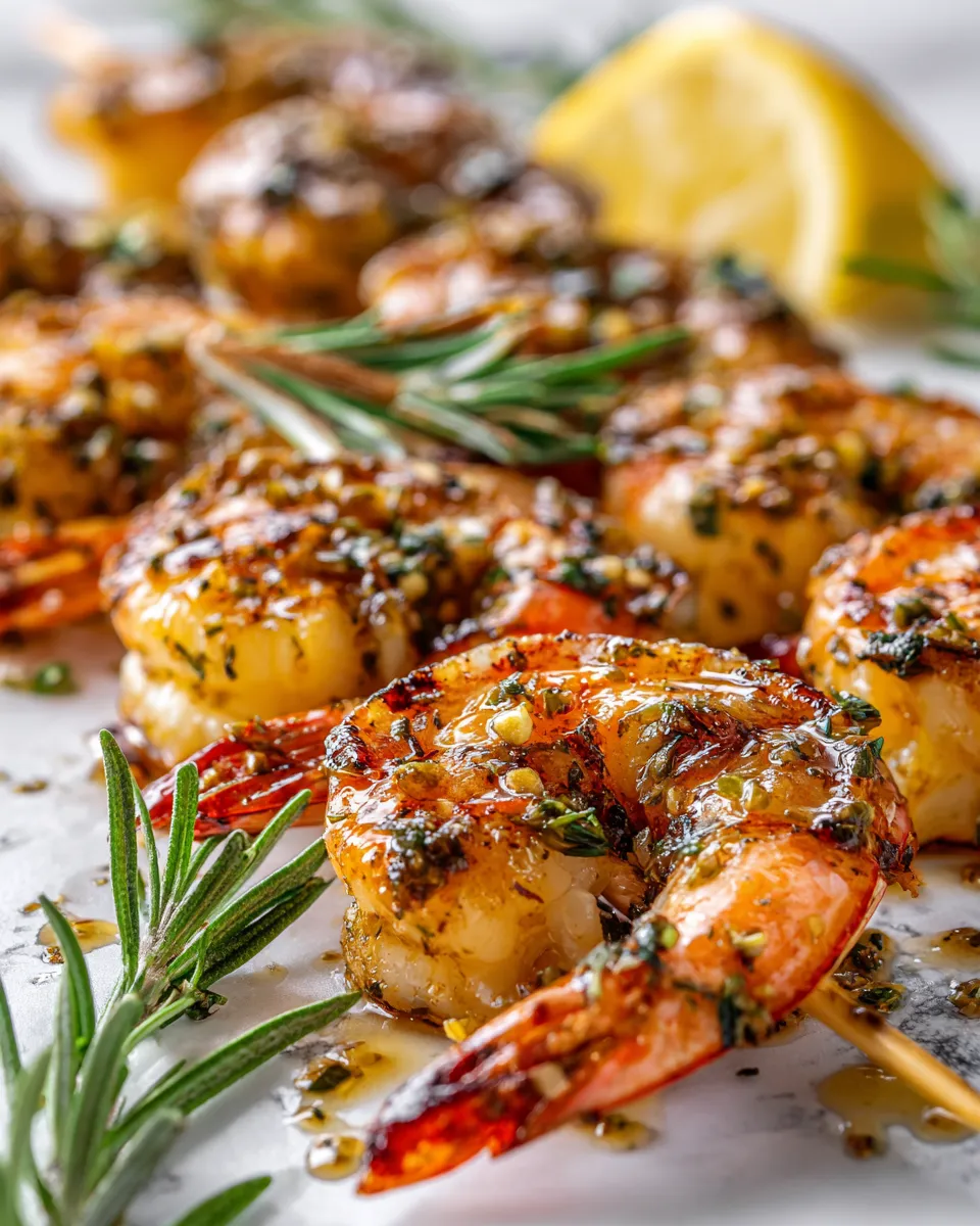 Grilled rosemary shrimp skewers showcasing vibrant colors and fresh ingredients, ideal for a fall dinner or festive gatherings.