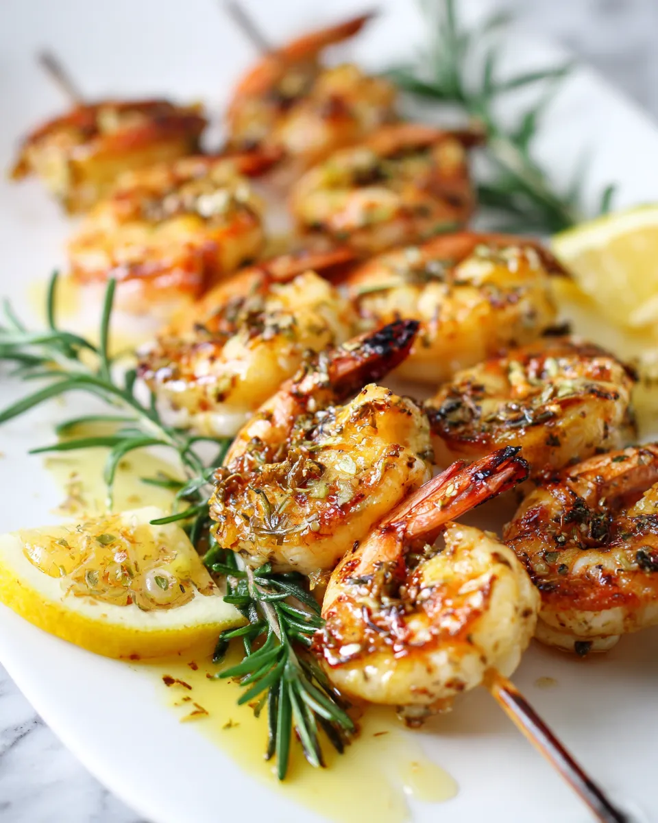 Grilled rosemary shrimp skewers showcasing vibrant colors and fresh ingredients, ideal for a fall dinner or festive gatherings.