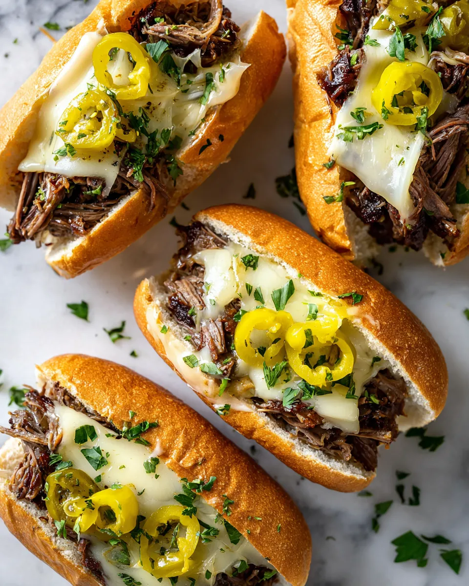 Instant Pot Italian Beef sandwich topped with provolone cheese, savory and rich flavors perfect for gatherings, ready in under 90 minutes.