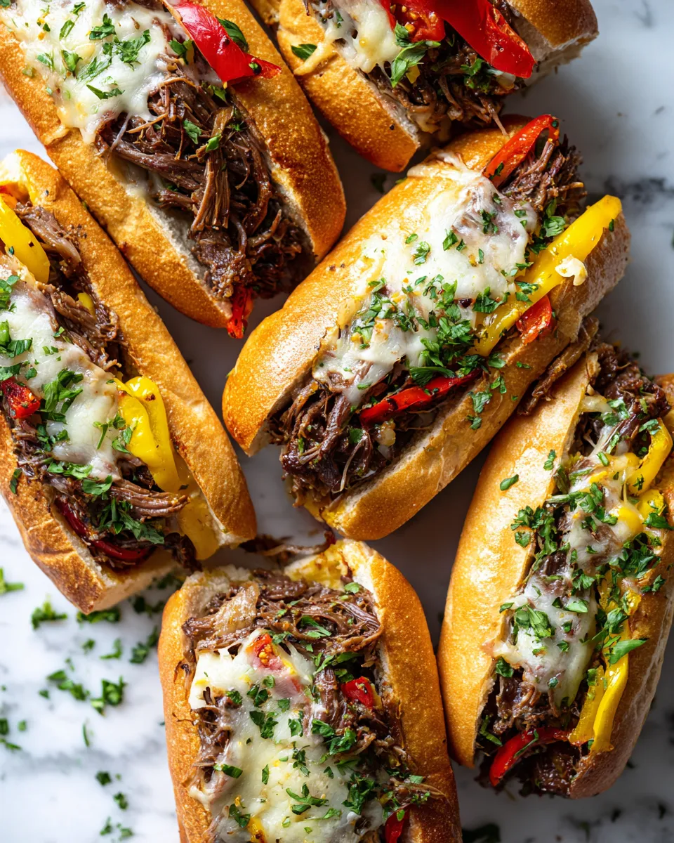Instant Pot Italian Beef sandwich topped with provolone cheese, savory and rich flavors perfect for gatherings, ready in under 90 minutes.